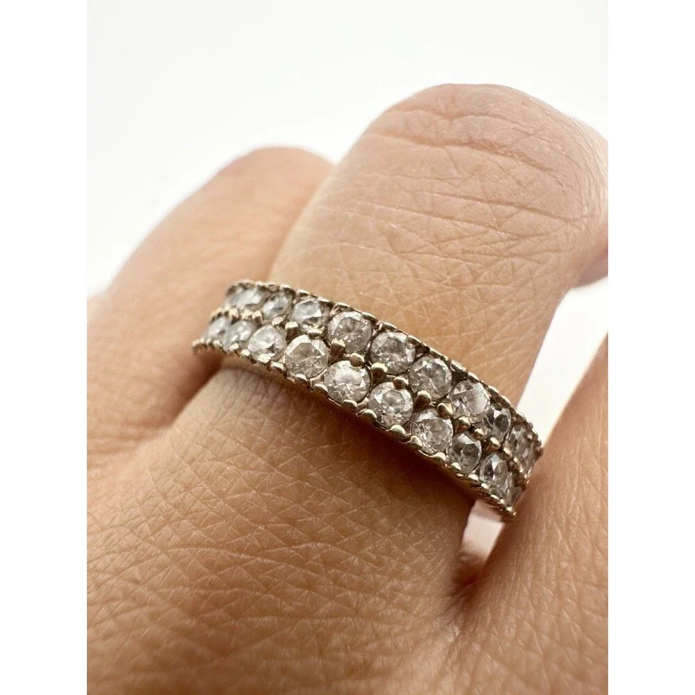 925 Sterling Silver Gold Vermeil Pave Eternity Ring Size 7